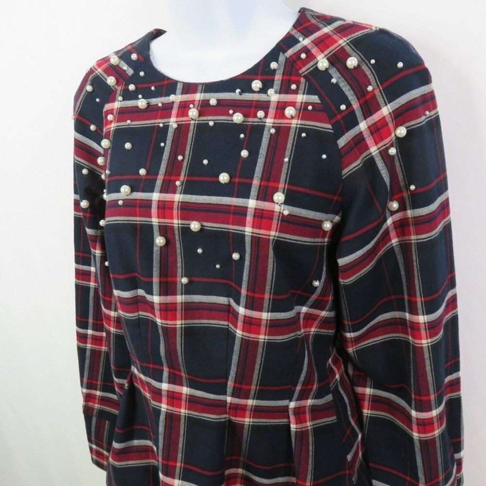 H&M Plaid Flannel Top Size 6 Pearl Bead Red Blue Long Sleeve Blouse Shirt Bling